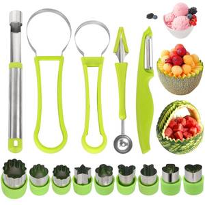 lot 20392 image: 14 Pack Melon Baller Scoop Set - 4 in 1 Stainless Steel Fruit Tool Set Fruit Scooper Seed Remover with Fruit Vegetable Cutter Shapes Set Fruit Peeler for Fruit Slicer Dig Pulp Separator
