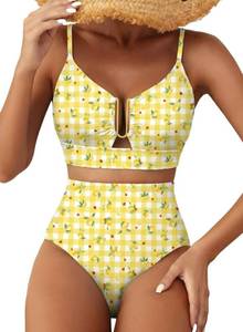 lot 20403 image: Herseas Womens High Waisted U Wire Summer Bathing Suits Lemon Check Print M