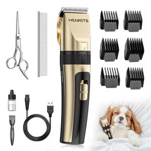 lot 20468 image: HEAPETS Dog Grooming Clippers, Low Noise, Electric Quiet, Adjustable Clipper Comb, Rechargeable Cordless Dog Hair Clippers for Dogs Cats Pets, Gold (USED)