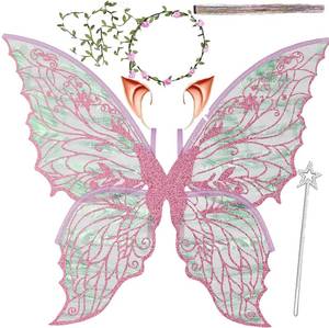 lot 20469 image: Fairy Wings for Adults, Fairy Costume Set with Floral Garland, Fairy Hair Tinsel, Wand & Elf Ears �� 31.5x21.6 Organza Butterfly Wings �� Ideal for Cosplay, Party, Pink