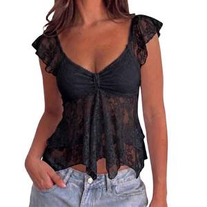lot 20473 image: Women Lace Babydoll Top Cap Sleeve See Throught Y2k Shirt Going Out Tank Top Vintage Coquette Clothes Black M
