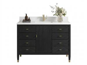 lot 20022 image: Black Bathroom Vanity w Ribbed Doors & White Marble Top