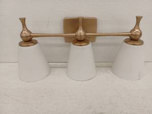 lot 20073 image: Brass 3-Light Vanity Fixture w White Shades