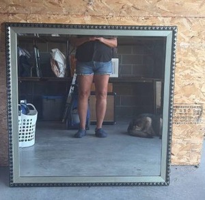 lot 208 image: Beveled, 38x38 Square Wall Mirror with Decorative Geometric Border Frame