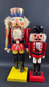 lot 107 image: 13 inch Nutcracker with real fur trim (needs TLC) and 10 inch Nutcracker