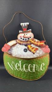 lot 109 image: Snowman Welcome Hanging Wall Decor Metal Wall Decor with Pocket for CardsGreenery 18 inches total height