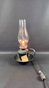 lot 114 image: Electric Lamp with Glass Chimney and Handle Base in Classic Oil Lamp Style