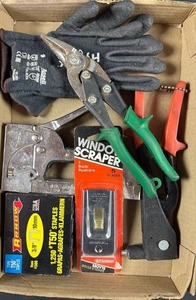 lot 122 image: Heavy Duty Stapler Lot with Gloves, WISS metal snips, and Hand Riveter