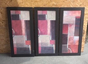 lot 144 image: 3 Framed Abstract Art Prints Red Pink Black Geometric Panels 15 x 33 Each