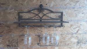 lot 160 image: Wrought Iron Wine Glass Hanger with Glass Shelf, 21 Wide (glasses not included)