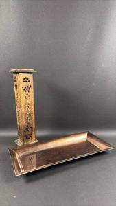 lot 210 image: 12 inch tall Incense Burner of Carved Wood Tower and Bronze Colored Rectangular Tray