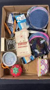 lot 216 image: Sewing Notions Bundle includes Fiskars Scissors and Wire Nippers. Grommet Setters and Snaps. Silk Thread and Needles