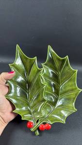 lot 246 image: Green Holly Leaf Dish with Red Berries Hand Painted