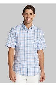 lot 58249 image: Yale Trouser Collection cream and blue plaid short-sleeve button-down shirt with Pants - XL