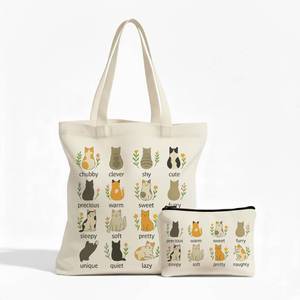 lot 3066 image: Krsaiy Canvas Tote Bag with Zippered Inner Pocket and Matching Pouch Set, Premium Cotton Reusable Bag for Work, School, Shopping (Cat Chart) - Retail $13