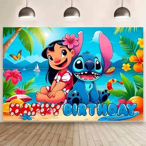 lot 3097 image: Wall Decor Backdrop for Stitch Birthday Decorations, Cute Banner for Stitch Party Supplies (5x3ft) - Retail $15