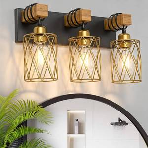 lot 3115 image: IZORRO Farmhouse Bathroom Vanity Light, 3-Light Wood Bathroom Light Fixtures Over Mirror, Black and Gold Industrial Vanity Lights with Metal Shade, Rustic Restroom Lighting Fixtures - Retail $50