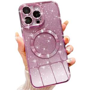 lot 3116 image: MGQILING Compatible with iPhone 16 Pro Magnetic Glitter Case, Luxury Plating Cute Bling Clear Phone Case, Compatible with MagSafe for Women Girls with Camera Protector Back Cover - Pink - Retail $13