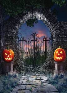 lot 3138 image: LTLYH 5x7Ft Halloween Gate Backdrop Spooky Gothic Archway with Jack-O-Lanterns Sunset Scary Castle Garden Photo Background for Party Decoration Photography Booth Banner 017 - Retail $9