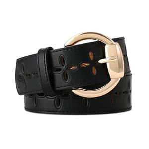 lot 3141 image: RISANTRY Womens Black Leather Belt with Gold Buckle Hollow Womens Belt Stylish Accessory for Dresses Skirts Jeans - Retail $20
