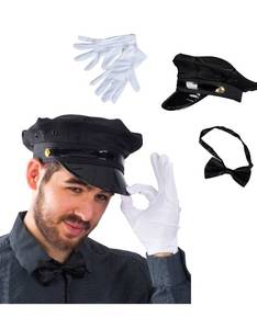 lot 3198 image: Tigerdoe Chauffeur Costume - Limo Driver Costume - Black Chauffeur Hat, Gloves & Bow Tie - (3 Piece Set) - Retail $0