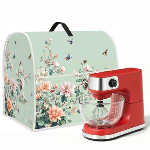 lot 3200 image: Stand mixer cover with handle and storage bag, reusable and washable, stylish retro floral design, keeps kitchen countertops clean and tidy (fits 6-8 quart mixers). - Retail $15