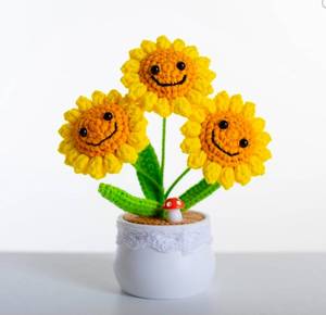 lot 3204 image: Finish Mini Crochet Flowers, Smiley Sunflowers, Crochet Sunflowers, Table Decorations, Gifts for Friends and Lovers (Smile) - Retail $0