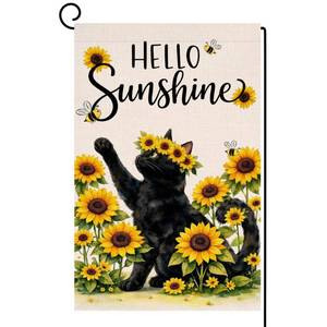 lot 3207 image: BLKWHT Summer Cat Sunflowers Garden Flag 12x18 Vertical Double Sided Yellow Flowers Spring Farmhouse Holiday Outside Decorations Burlap Yard Flag BW859 - Retail $9
