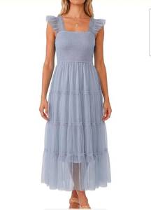 lot 3209 image: Naggoo Womens Summer Tulle Wedding Guest Dress Smocked Square Neck Ruffle Flowy Mesh Midi Dresses Size Medium  - Retail $55