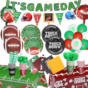 lot 3242 image: 164PCS Football Party Supplies Birthday Decorations Football Banners Paper Plate Cup Napkins Fork Spoon Tablecloths for Football Match 24 Guests