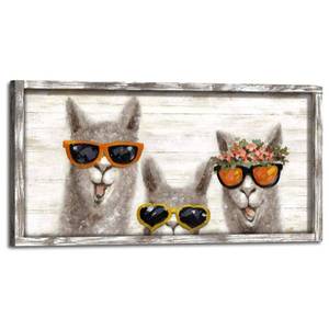 lot 3301 image: Funny Animal Wall Art Decor Alpaca Rustic Wood Framed Picture Painting Cute Llama with Sunglasses Farmhouse Animals Head Print Artwork for Home Bedroom Kid��s Room - Retail $90