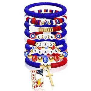 lot 3314 image: Fibye 4th of July Accessories for Women Men Teens, 250th Anniversary Bracelet Set 8 Pieces, Clay Beaded Stackable Stretch Bracelets - Retail $16