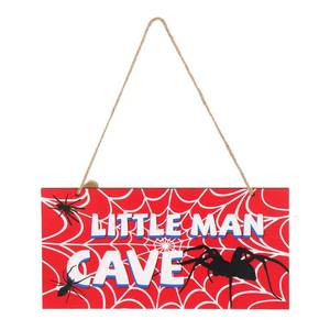 lot 3367 image: Spider Door Sign, 12x6in Red Wooden Spider Web Nursery Room Decor Little Man Cave Signs with Rope Wall Art Room Decoration for Boys Men