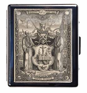 lot 3374 image: Pill Organizer Box with Mirror,8 Compartment Chrome Pill Case, Pocket-Size Travel Pill Container for Vitamins, Seniors, Daily Use,Rectangle 7 Days Pill Box Pill Case (The Two Guarding Skeletons) - Retail $23