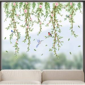 lot 3386 image: Hanging Green Vine Window Clings Spring Summer Flower Bird Windows Decal Double-Sided Watercolor Vine Glass Doors Decor for Home Office Glass Door Window Decals (Green Vine, 11.8  23.6inch)