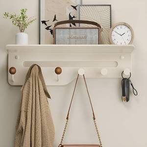 lot 3443 image: Nolbiph Coat Rack Wall Mount with Shelf, Wall Hooks with Storage,Towel Racks for Bathroom,Shelf with Hooks for Entryway,Living Room,Bedroom, Modern Design (01-Cream White6Hooks(17)) - Retail $0