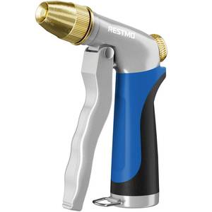 lot 3445 image: RESTMO Metal Water Hose Nozzle, High Pressure Garden Sprayer, Blue - Retail $24