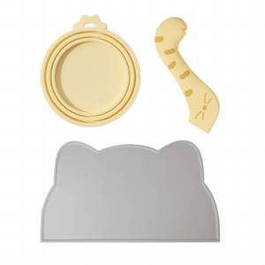 lot 3452 image: GaoJuDun Silicone Pet Food Can Cover Set with Spoon and Mat, Universal Airtight Lids for Dog & Cat Food Cans (Fits 35.512oz), Non-Slip Feeding Placemat, Dishwasher Safe Kit (Butter Yellow  Grey) - Retail $3,263