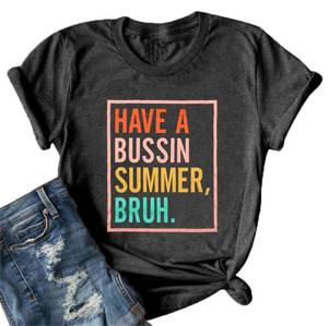 lot 3457 image: Last Day of School Shirt Women Have A Bussin Summer Bruh T- Shirt Teacher Life Tops School is Out for Summer Clothes Dark Grey size Medium  - Retail $8