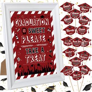 lot 3464 image: 21 Pcs Red White Graduation Candy Bar Signs Set 2026 10 Wooden Frame 20 Graduation Candy Buffet Label Sign Class of 2026 Dessert Food Bar Table Decorations for Grad Party Dessert Buffet Food Supplies