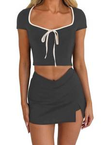 lot 3474 image: ccuiwe Womens Summer Short Sleeve Bow Square Neck Baby Tees Color Block Basic Crop Tops Pink Contrast Black  Medium - Retail $20,083