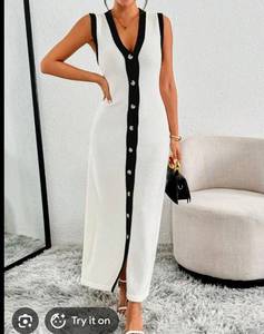 lot 3477 image: Women Contrast Color V-Neck Single-Breasted Sleeveless Long Casual Sweater Dress Size M - Retail $0