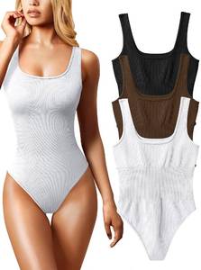 lot 3484 image: OQQ Womens 3 Piece Bodysuits Sexy Ribbed Sleeveless Square Neck Sleeveless Tank Tops Bodysuits Grey Coffee Candyblue, XX-Large
