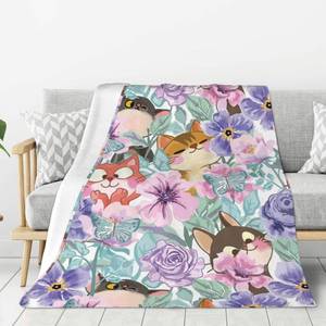 lot 3487 image: Ketbon Cute Kitten Watercolor Flower Throw Blanket Premium Anti-Pilling Flannel Soft Warm and Lightweight 60x50