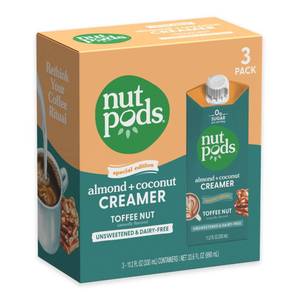 lot 3494 image: nutpods Toffee Nut Unsweetened Non Dairy Coffee Creamer, 3-Pack - Retail $15