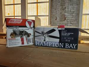 lot 22517 image: (1) Hamilton Bay 52 In LED Indoor Ceiling Fan Brushed Nickel and (1) Hopper Gun
