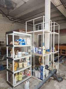 lot 22588 image: Metal Storage Shelving Unit w Paint & Fasteners