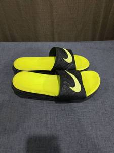 lot 1744 image: Nike Slide Sandals Black Neon Yellow Pair Size 7
