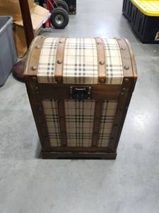 lot 1749 image: Plaid Fabric Storage Trunk with Metal Hardware and Leather Straps