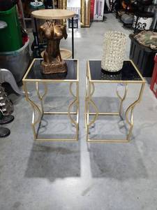 lot 1830 image: Pair of Side Tables with Black Glass Top and Gold Frame
